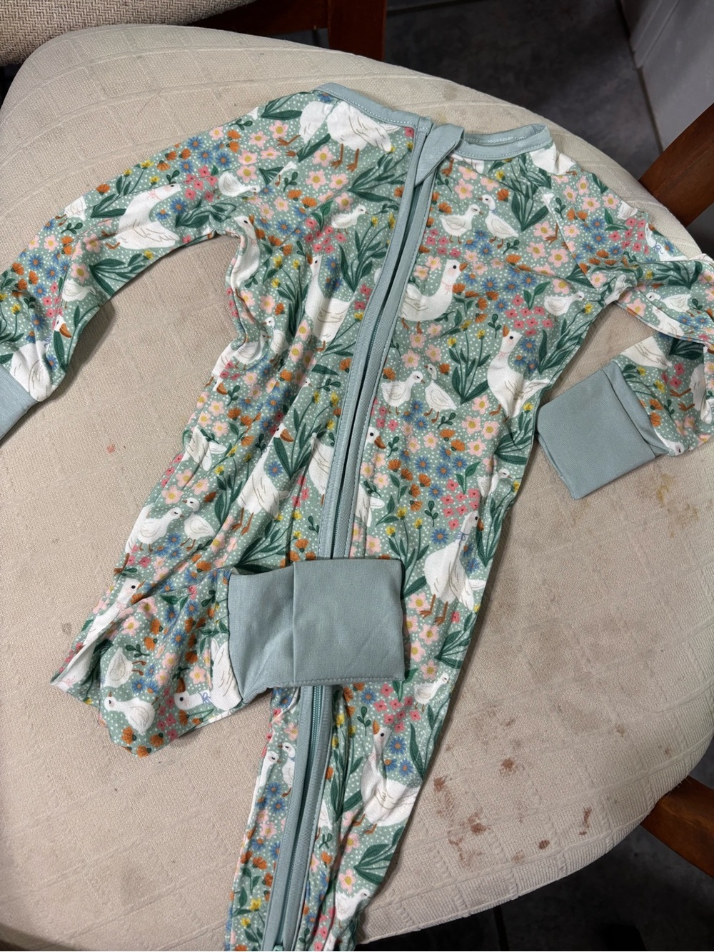 BAMBOO Sage Green Floral & White Dove Zip-Front Kids Pajamas